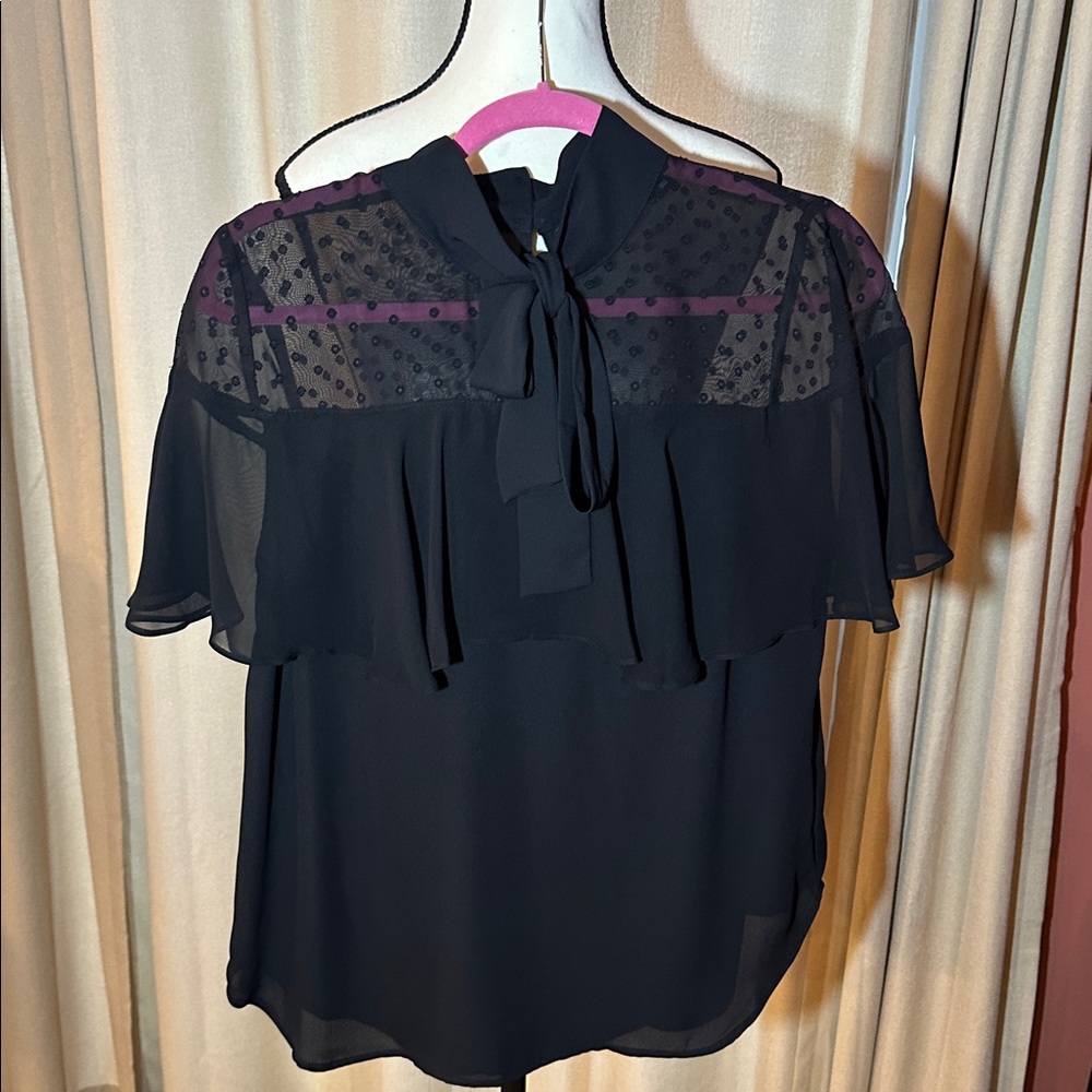 New York & Company Black Sheer Blouse with Polka Dots